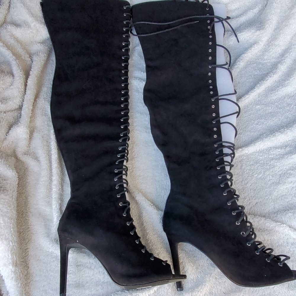 Black lace up over knee boots